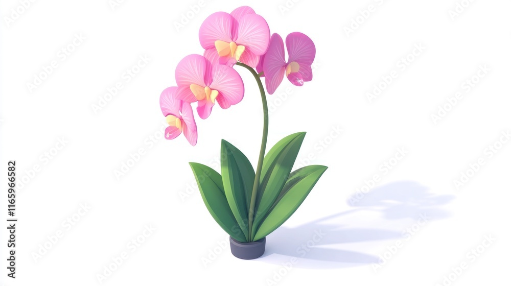 Pink orchid in pot, 3D render, isolated.