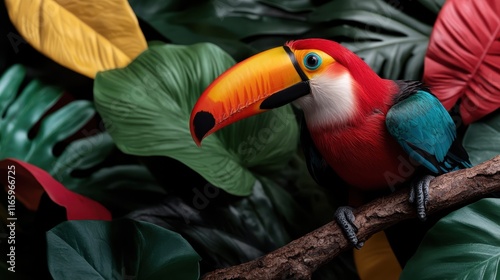 A stunning toucan perched amidst vibrant tropical foliage, showcasing its bright plumage that embodies the richness of tropical ecosystems and wildlife diversity. photo