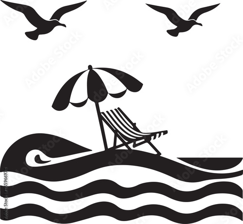 A beach chair with an umbrella on the sea beach vector silhouette white background