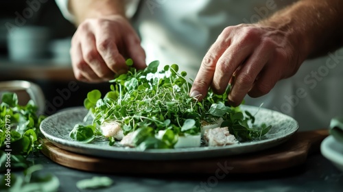 Wallpaper Mural A skilled chef meticulously arranges fresh greens on a plate, highlighting the artistry of culinary presentation and the importance of vibrant ingredients in fine dining. Torontodigital.ca