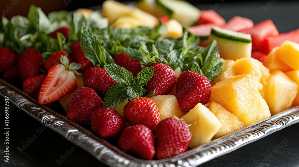 A decorative tray showcasing a lively selection of fruits like strawberries and pineapple, embodying the essence of freshness and inviting charm for gatherings and parties. A decorative tray showcasing a lively selection of fruits like strawberries and pineapple, embodying the essence of freshness and inviting charm for gatherings and parties.