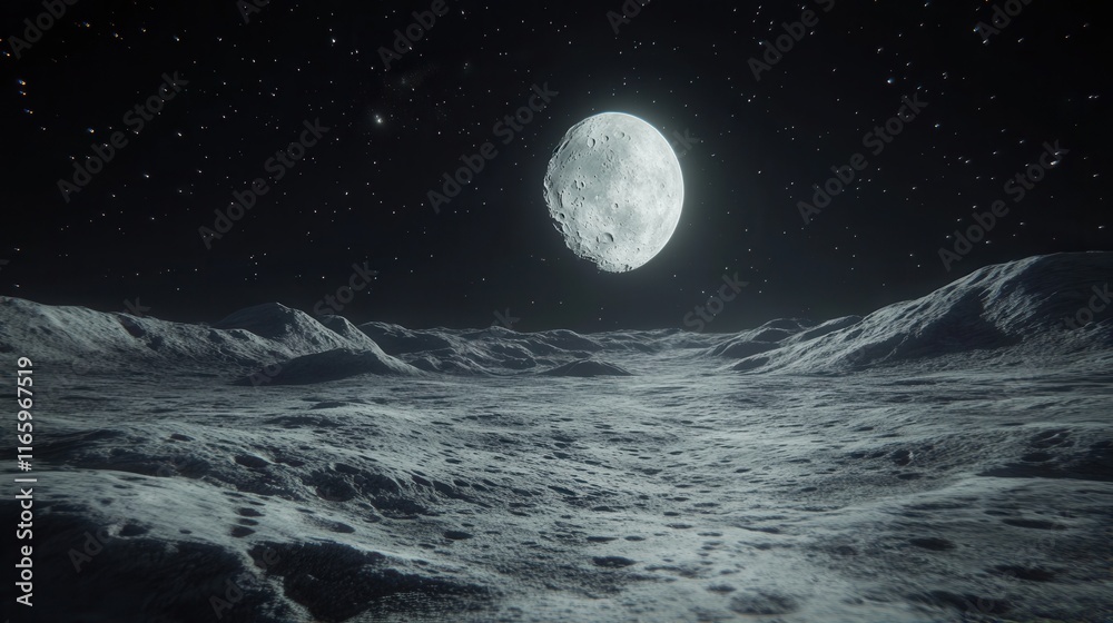 Fototapeta premium Surreal Lunar Landscape with Detailed Moon and Starry Night Sky