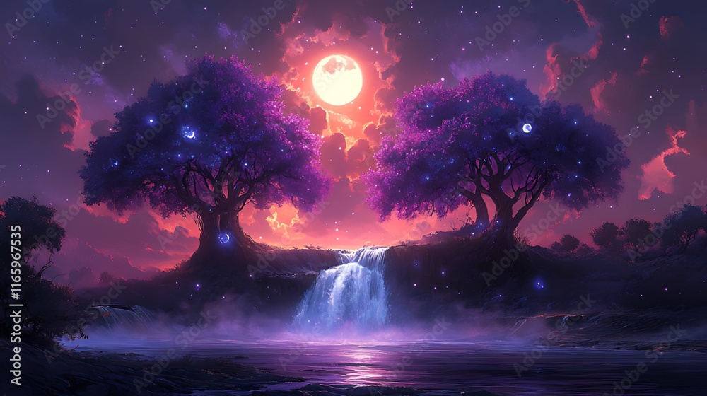 Fototapeta premium Magical twilight scene with two glowing purple trees flanking a waterfall under a large orange moon.