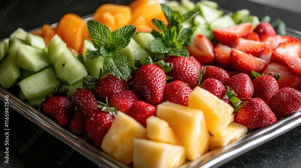 A beautiful assortment of fresh fruits, including strawberries, melons, and pineapple, presented in an appealing way perfect for events or gatherings. A beautiful assortment of fresh fruits, including strawberries, melons, and pineapple, presented in an appealing way perfect for events or gatherings.