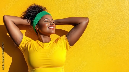 A joyful fitness enthusiast enjoying the moment with her bright yellow outfit against a vibrant background, showcasing her positivity and passion for an active lifestyle. photo