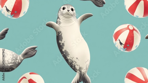 Playful seal pup joyfully floats amidst beach balls on a teal background.