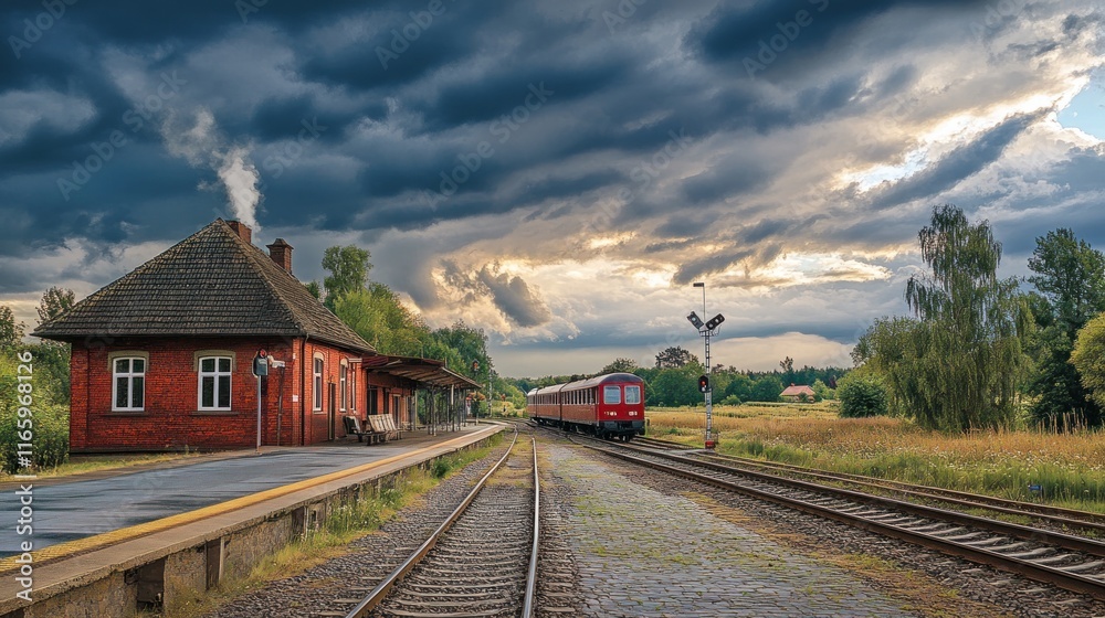 Red train arriving at a small rural station under a dramatic sky. Red train arriving at a small rural station under a dramatic sky.