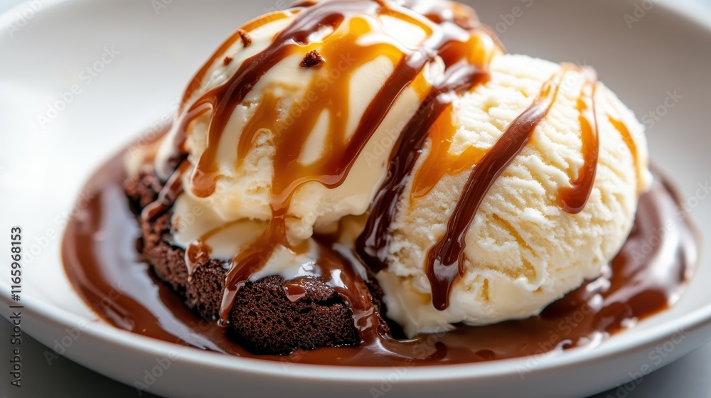 A scoop of vanilla ice cream atop a fudgy chocolate base, elegantly drizzled with chocolate sauce, presenting a dreamy and luxurious dessert experience. A scoop of vanilla ice cream atop a fudgy chocolate base, elegantly drizzled with chocolate sauce, presenting a dreamy and luxurious dessert experience.