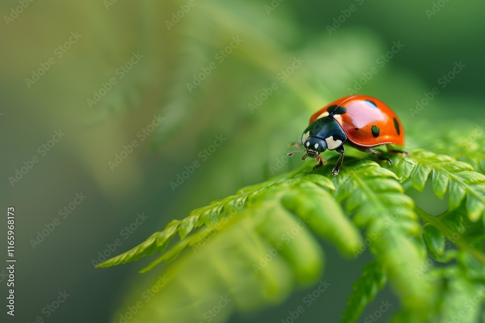 Bright red ladybug explores the vibrant green fern leaf, showcasing its distinct black spots against a soft, blurred background filled with natural greenery. Bright red ladybug explores the vibrant green fern leaf, showcasing its distinct black spots against a soft, blurred background filled with natural greenery.