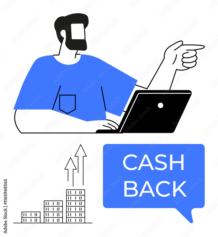 Man operating laptop, pointing to highlight a cash back offer. Includes growing bar chart and cash back speech bubble. Ideal for savings, growth, finance, productivity, investment, e-commerce Man operating laptop, pointing to highlight a cash back offer. Includes growing bar chart and cash back speech bubble. Ideal for savings, growth, finance, productivity, investment, e-commerce