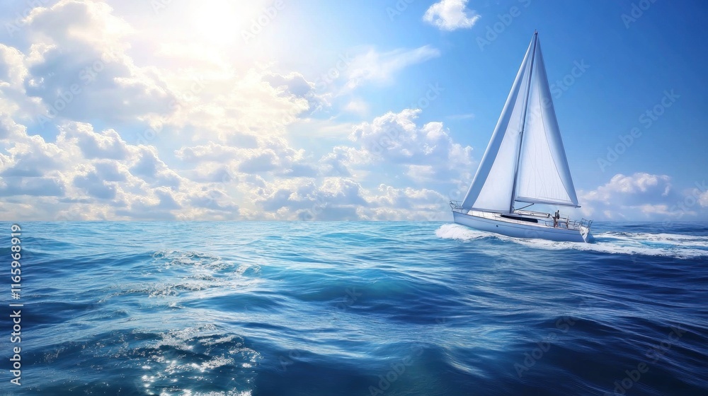 Fototapeta premium Sailboat sailing on a sunny ocean.