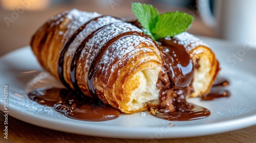 An enticing platter of chocolate pastry rolls, beautifully presented with drizzled chocolate and fresh fruit, showcasing a decadent dessert sure to please any palate. photo