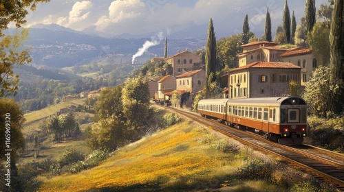 Scenic train journey through picturesque Italian countryside.