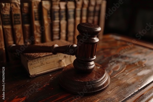 A wooden gavel is prominently displayed on a polished wooden surface, surrounded by vintage law books, creating an atmosphere of legal tradition and authority.
