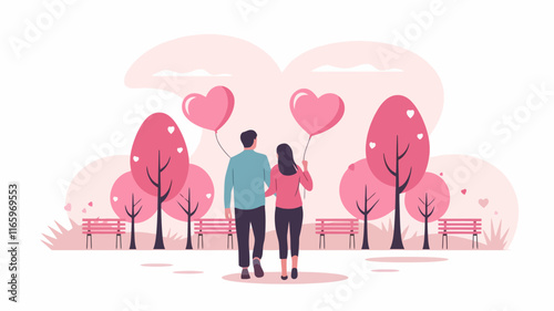 A couple walking in a park on Valentine's Day. They hold hands while surrounded by trees, heart-shaped balloons, and a sunny sky.