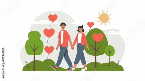 A couple walking in a park on Valentine's Day. They hold hands while surrounded by trees, heart-shaped balloons, and a sunny sky.
