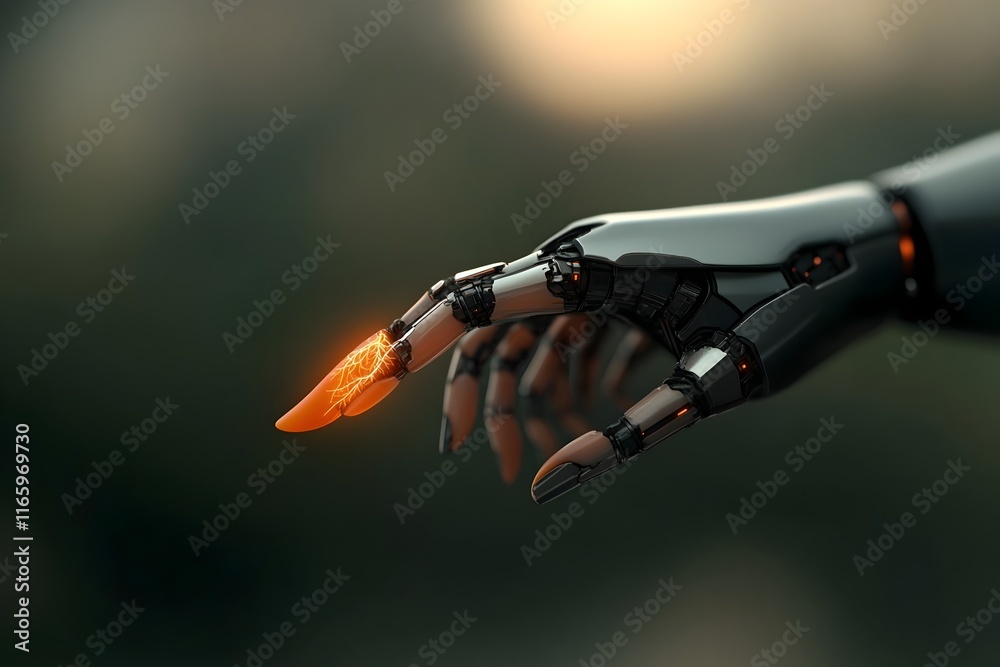 Naklejka premium Intimate human machine fusion slender feminine fingers interlacing with polished metallic limbs the convergence of biology and technology in dramatic chiaroscuro lighting