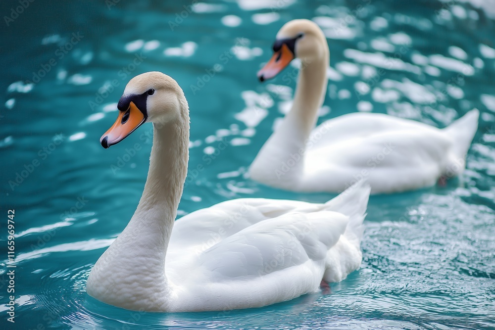 Naklejka premium Two graceful swans swimming together on serene blue water.