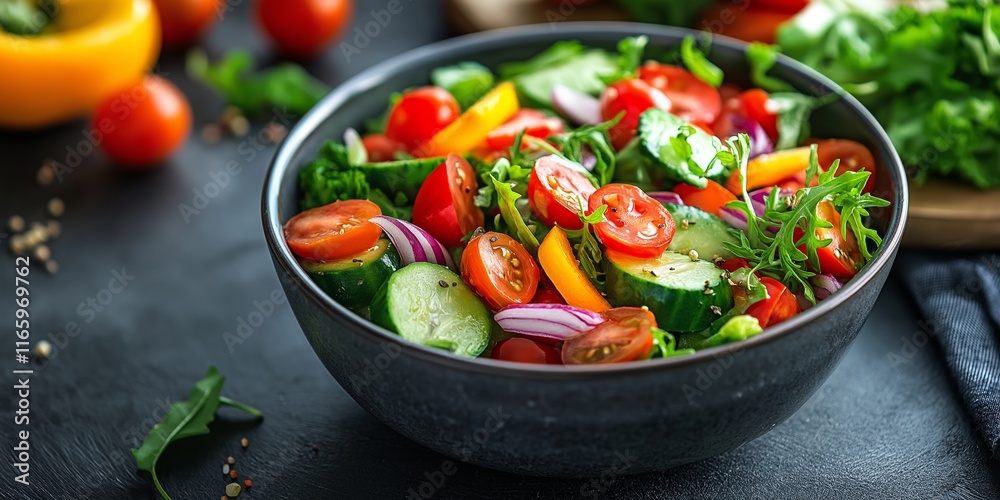 A vibrant salad filled with fresh veggies in a stylish bowl. A vibrant salad filled with fresh veggies in a stylish bowl.