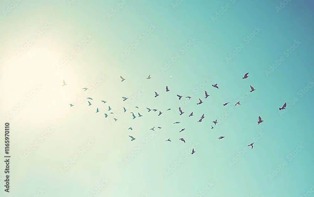Birds flocking in a bright sky. Birds flocking in a bright sky.
