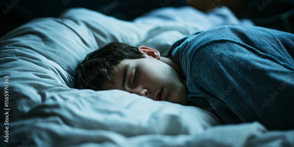 A young man sleeps peacefully in soft bedding, surrounded by calm and tranquility. A young man sleeps peacefully in soft bedding, surrounded by calm and tranquility.