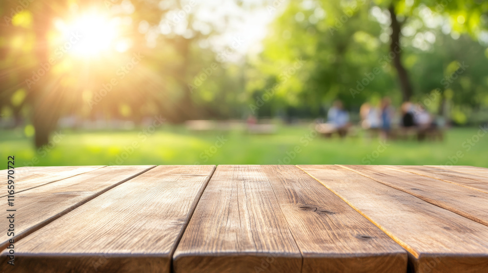 Wooden table surface offering clean product placement space, blurred park scene revealing relaxing families under bright sunlight Wooden table surface offering clean product placement space, blurred park scene revealing relaxing families under bright sunlight