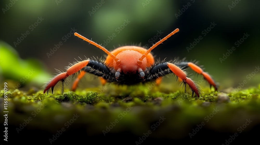 Naklejka premium Extreme close up of a mite s venomous chelicerae releasing distress signals to alert the colony dramatic chiaroscuro macro scientific forest floor setting