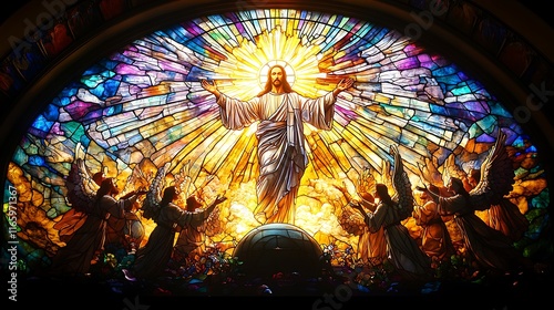 The Resurrection portrayed in stunning stained glass, Jesus standing triumphant above the open tomb, his figure glowing with celestial light,
