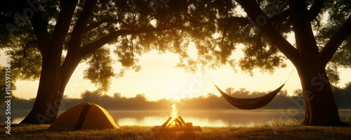 Serene lakeside campsite featuring pitched tent, hanging hammock, glowing campfire amid towering pines during golden sunrise photo