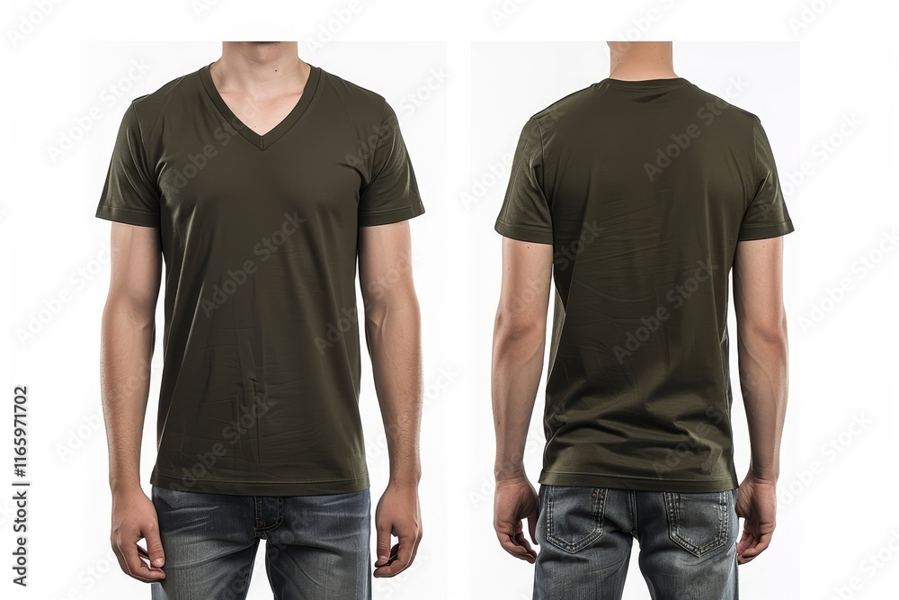 Obraz premium A model showcases a basic olive green v-neck t-shirt from both front and back views in a well-lit studio, emphasizing its simple and casual design for everyday wear.