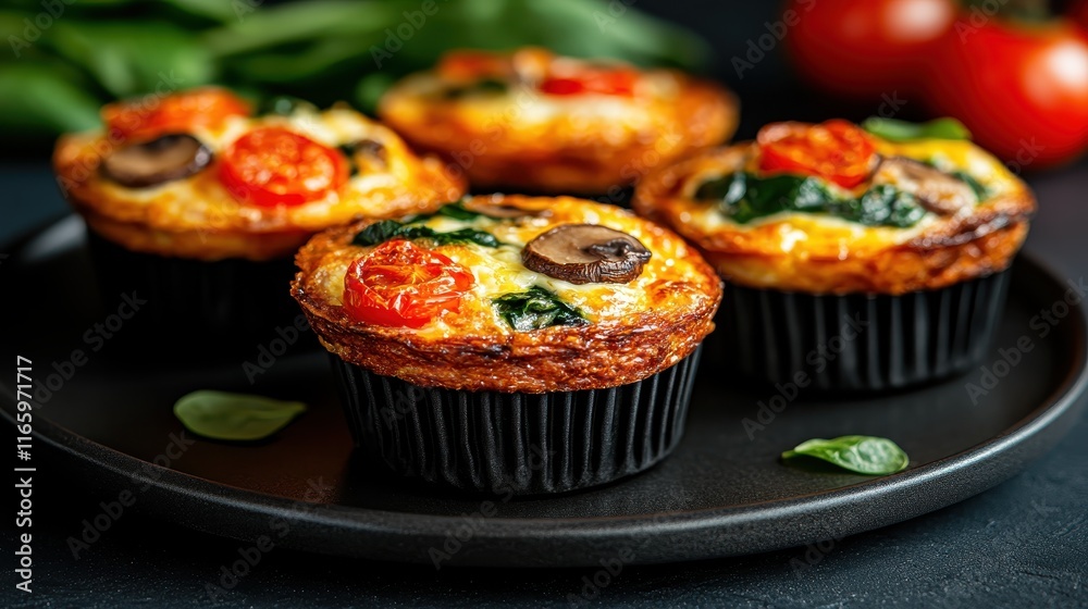 These delectable mini quiches feature spinach, mushrooms, and cherry tomatoes, perfect for a healthy snack or meal packed with flavor and nutrition. These delectable mini quiches feature spinach, mushrooms, and cherry tomatoes, perfect for a healthy snack or meal packed with flavor and nutrition.
