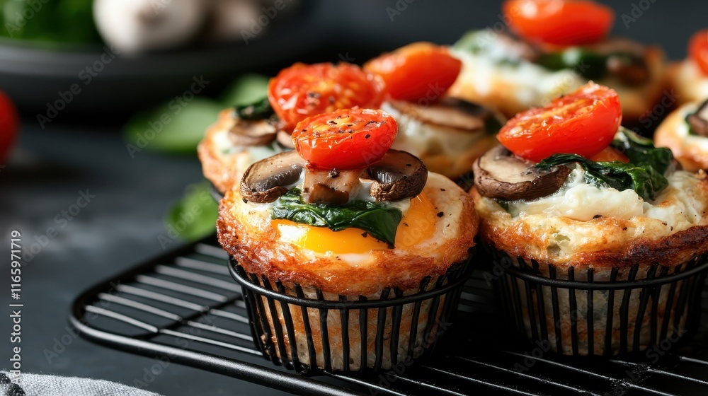 A delicious assortment of savory egg muffins topped with fresh vegetables, mushrooms, and vibrant cherry tomatoes, perfect for a healthy and tasty snack. A delicious assortment of savory egg muffins topped with fresh vegetables, mushrooms, and vibrant cherry tomatoes, perfect for a healthy and tasty snack.