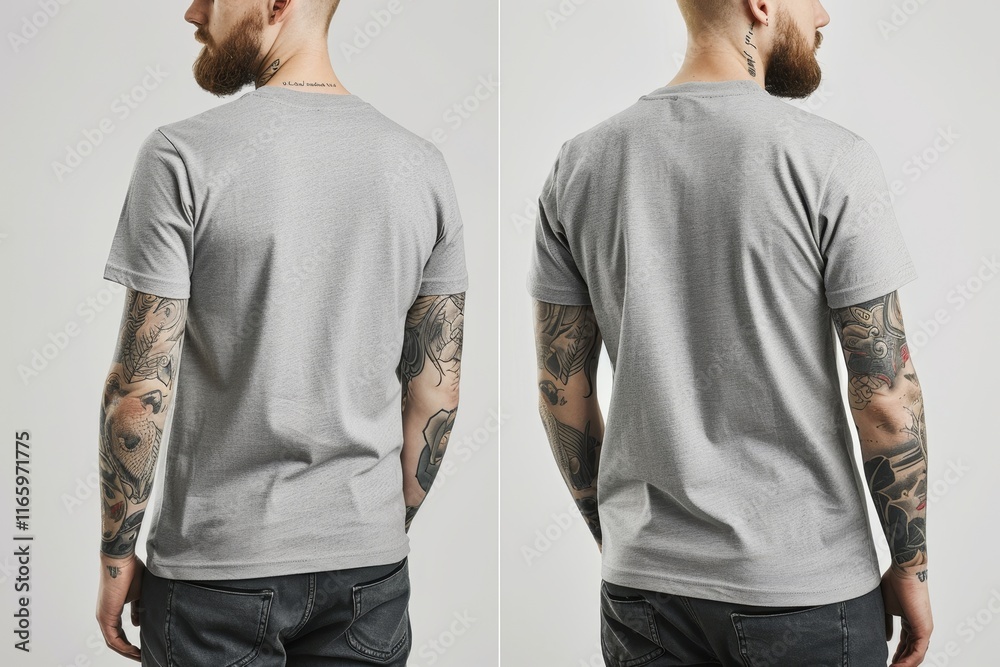 A man stands with his back to the camera, revealing intricate tattoos on his arms while wearing a gray t-shirt. The neutral background emphasizes both his apparel and body art. A man stands with his back to the camera, revealing intricate tattoos on his arms while wearing a gray t-shirt. The neutral background emphasizes both his apparel and body art.