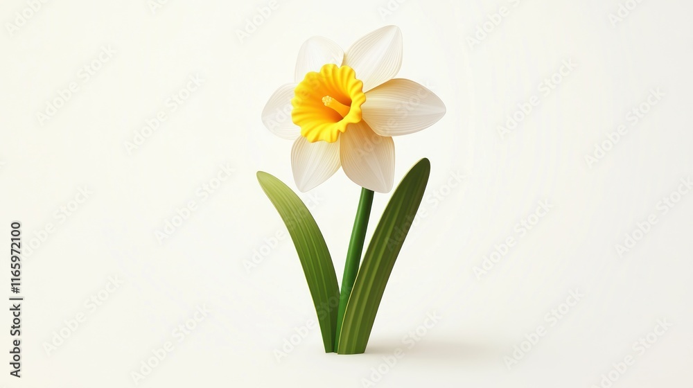 Single white daffodil with yellow center, isolated on white background. Single white daffodil with yellow center, isolated on white background.