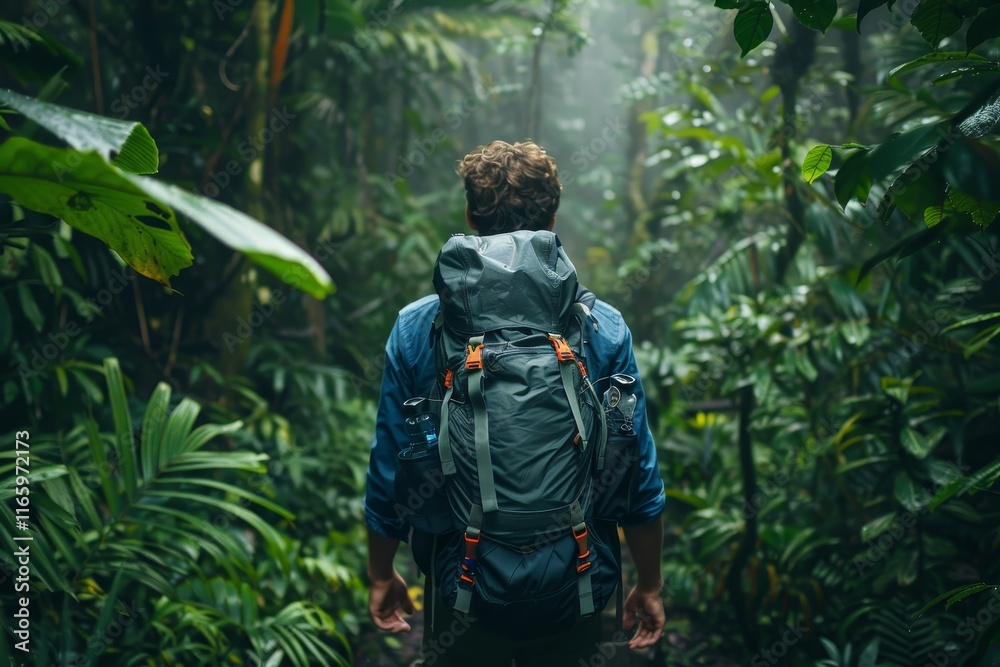 A person walks along a narrow trail in a dense rainforest, with a large backpack. Lush greenery and mist create a serene atmosphere in the early morning. A person walks along a narrow trail in a dense rainforest, with a large backpack. Lush greenery and mist create a serene atmosphere in the early morning.