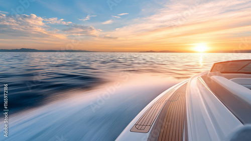 Luxury speedboat racing across sunset-illuminated waters, generating dramatic wake, sunlight sparkling on blue waves photo