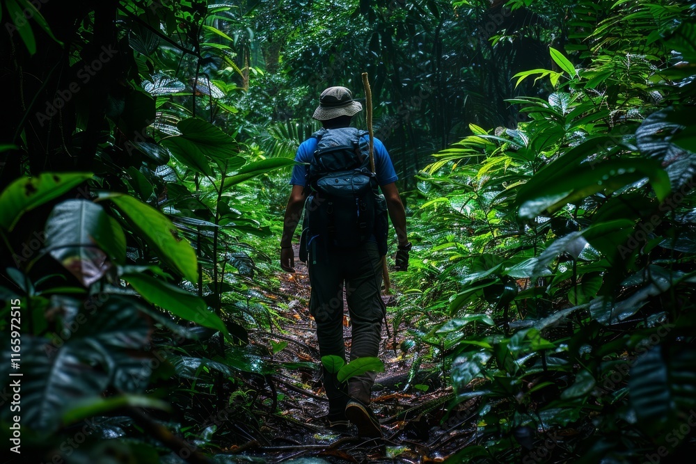 A lone hiker navigates a narrow path through dense tropical vegetation, surrounded by towering plants and trees on a peaceful day in the rainforest. A lone hiker navigates a narrow path through dense tropical vegetation, surrounded by towering plants and trees on a peaceful day in the rainforest.