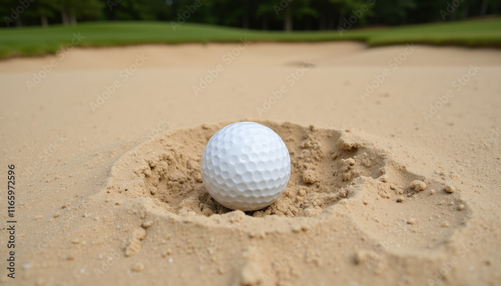 Close-up of a golf ball nestled in a sand trap, surrounded by sand, on a golf course Close-up of a golf ball nestled in a sand trap, surrounded by sand, on a golf course
