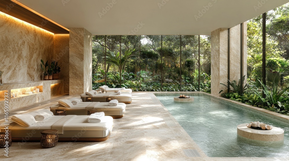 Fototapeta premium Luxurious spa with indoor pool and lush garden views.