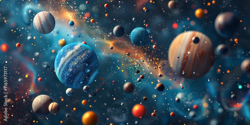 custom made wallpaper toronto digitalA Vibrant Cosmic Scene Featuring Various Planets and Moons with Rings and Textures in a Nebula-Filled Space