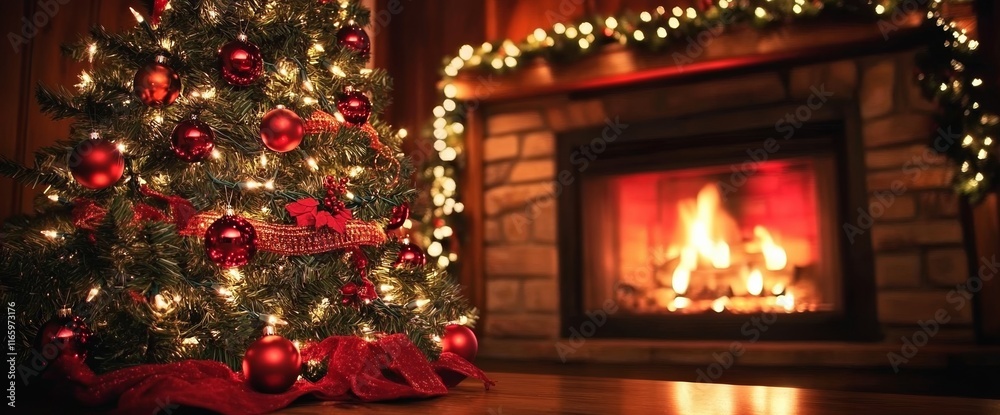 Christmas tree with red ornaments on a wooden table against a festive blurred fireplace background. Christmas tree with red ornaments on a wooden table against a festive blurred fireplace background.