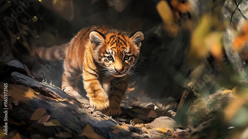 Cute Tiger Cub Walking in the Forest