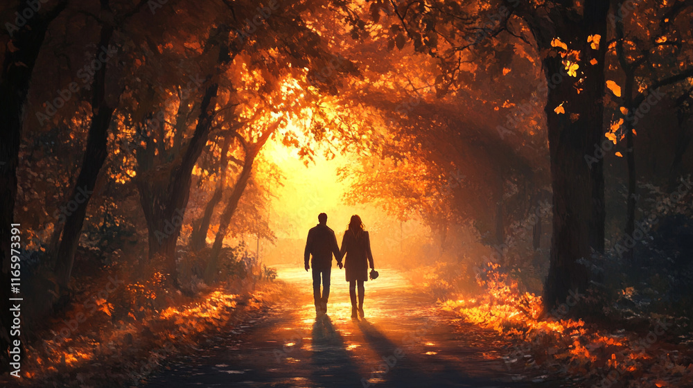 Fototapeta premium Romantic Couple Walking Hand-in-Hand on a Sunlit Path