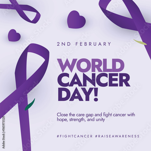 2nd February World Cancer Day. Cancer Day purple ribbon with hearts social media post to create awareness. Cancer awareness campaign banner.