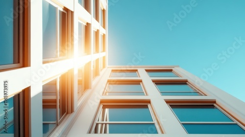A striking modern building showcases large windows reflecting the clear blue sky, illuminated by warm sunlight, blending architecture with nature beautifully.