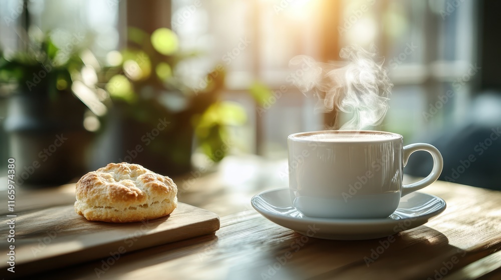 A steaming cup of coffee next to a biscuit, bathed in warm sunlight, captures a cozy and inviting atmosphere perfect for relaxation and enjoyment. A steaming cup of coffee next to a biscuit, bathed in warm sunlight, captures a cozy and inviting atmosphere perfect for relaxation and enjoyment.