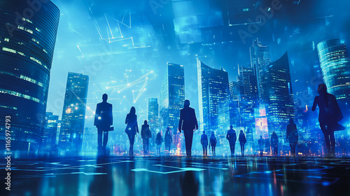 Abstract business team stands on the peak of success amid tall, innovative Smart city and graphs with statistics to analyze business potential and predict future developments in company growth.