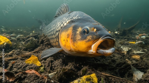 A carp is seen exploring the riverbed while foraging among the remnants and plants in the water