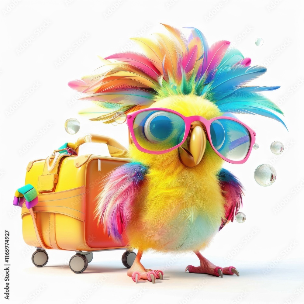 Naklejka premium Colorful parrot wearing sunglasses stands beside a travel suitcase with vibrant feathers