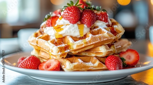 This inviting image showcases a towering stack of waffles topped with fresh strawberries and luscious whipped cream, making it an irresistible treat for any occasion. photo